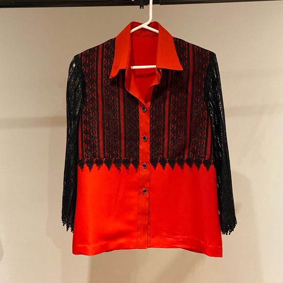 Red & black lace button down, long sleeve blouse. Size medium - Picture 6 of 12